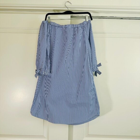 Navy & White Striped Off-Shoulder Swing Dress M - NWT - Picture 2 of 8